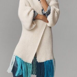 Anthropologie Long White Super Soft Cardigan w/ Colorblock Shades of Blue Fringe